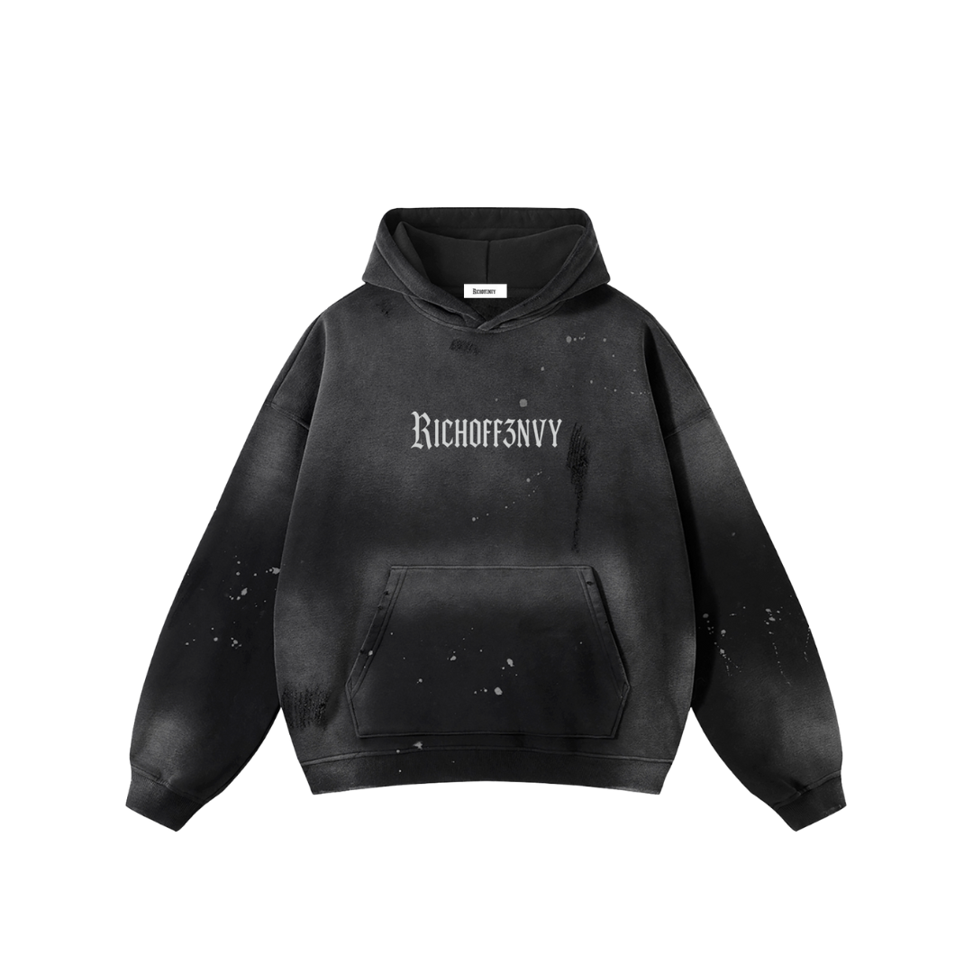 RICHOFF3NVY: VINTAGE WASHED FRAYED FLEECE HOODIE (360ASM)