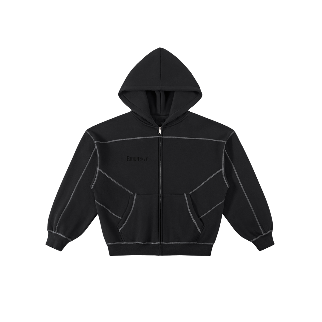 Richoff3nvy: Contrast-Stitched Boxy Fleece Zip Hoodie (350asm)