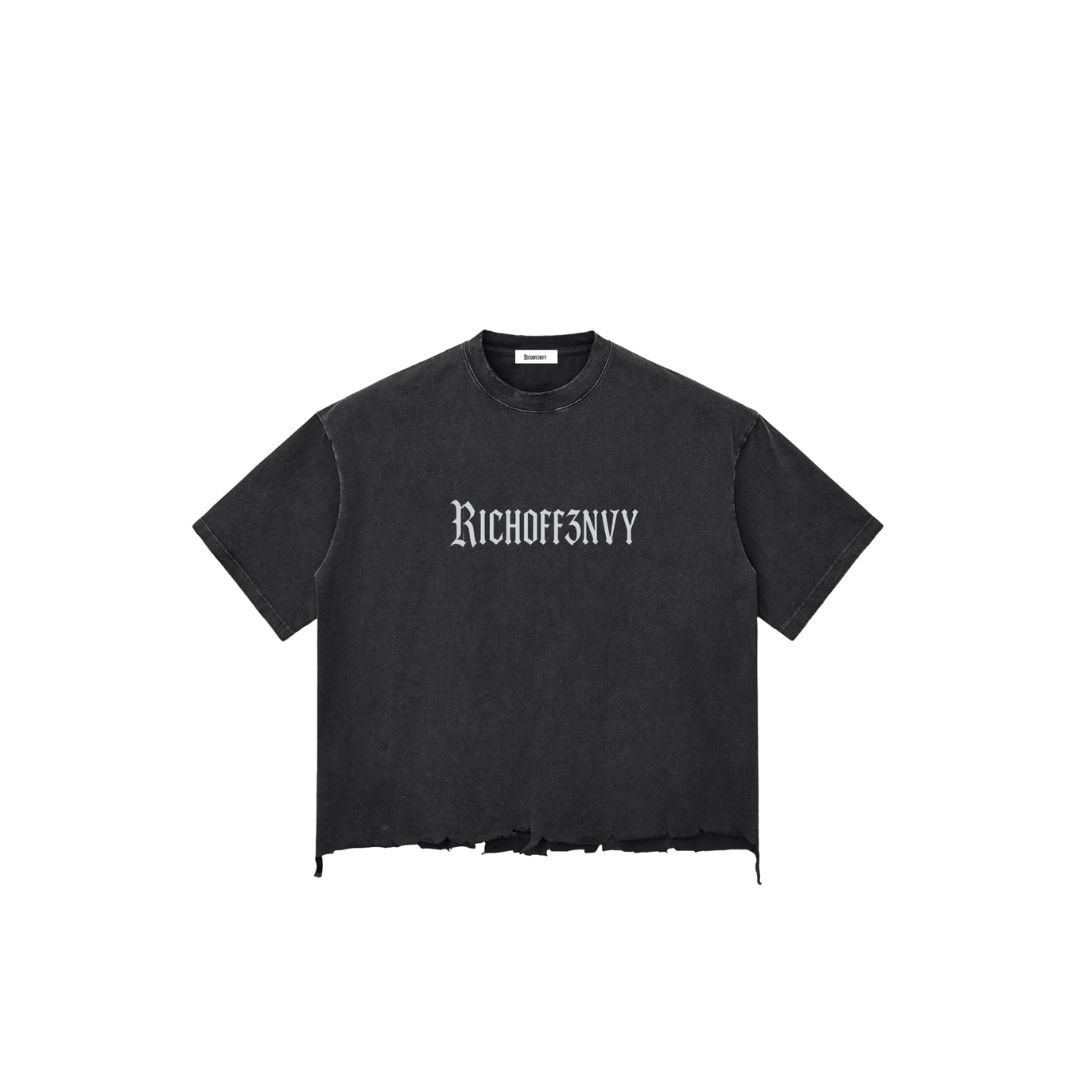 RICHOFF3NVY: SNOW WASH RAW-HEM BOXY T-SHIRT (340ASM)