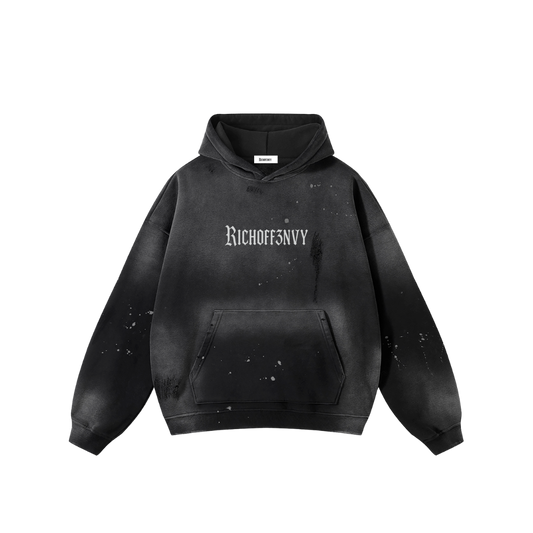 RICHOFF3NVY: VINTAGE WASHED FRAYED FLEECE HOODIE (360ASM)