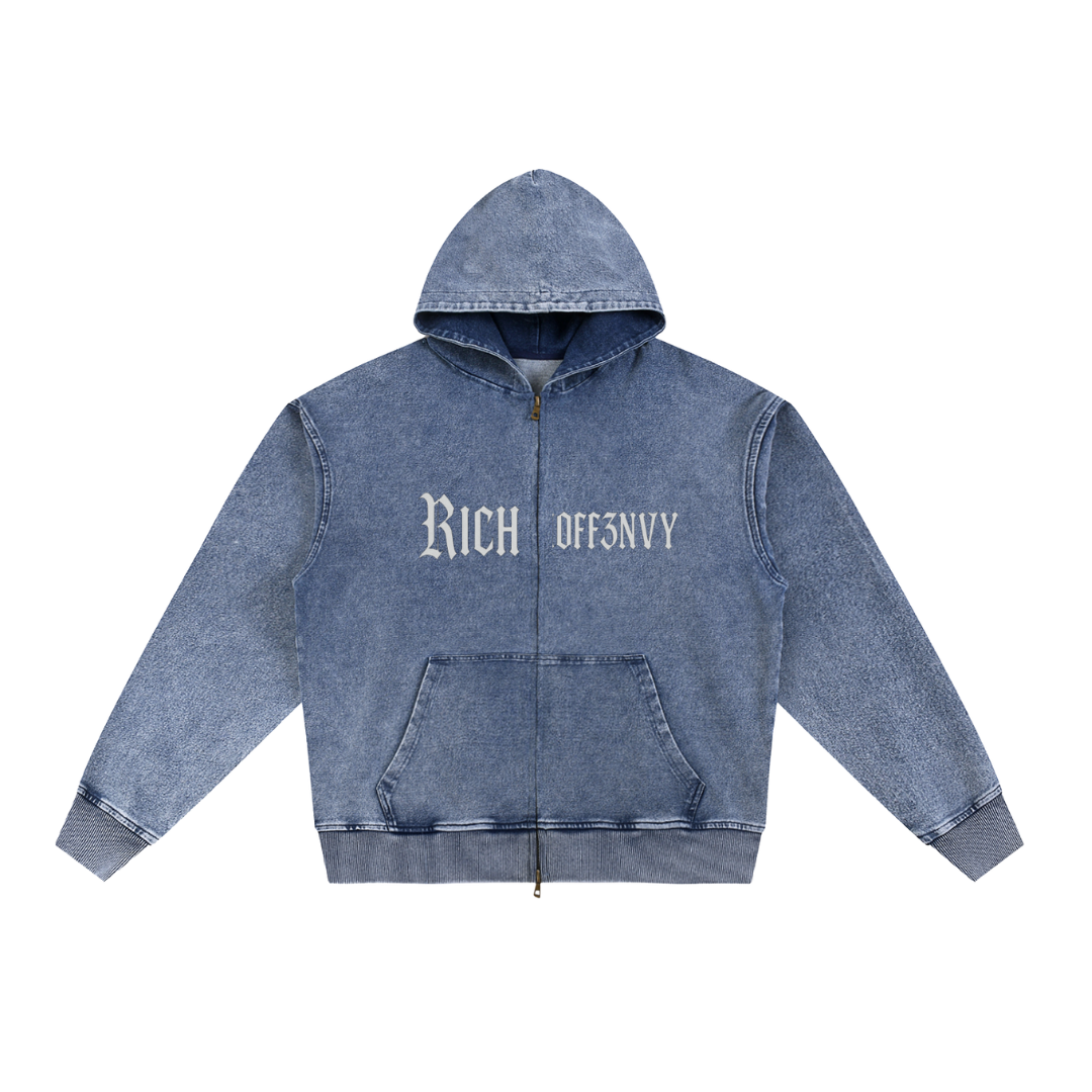 RICHOFF3NVY: SNOW WASHED OVERSIZE ZIP-UP HOODIE (380GSM)