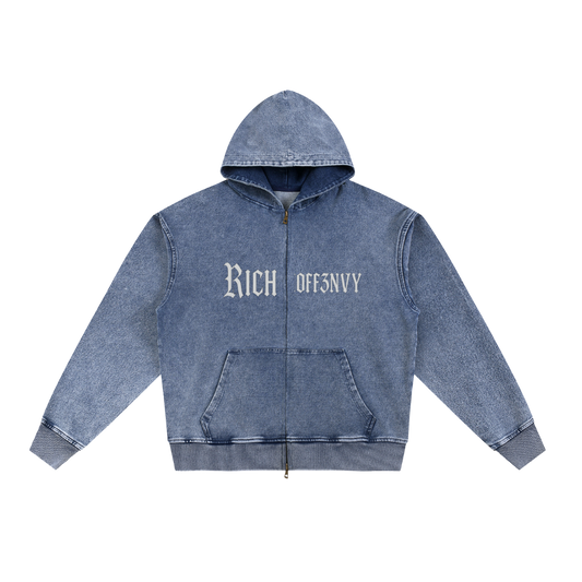 RICHOFF3NVY: SNOW WASHED OVERSIZE ZIP-UP HOODIE (380GSM)